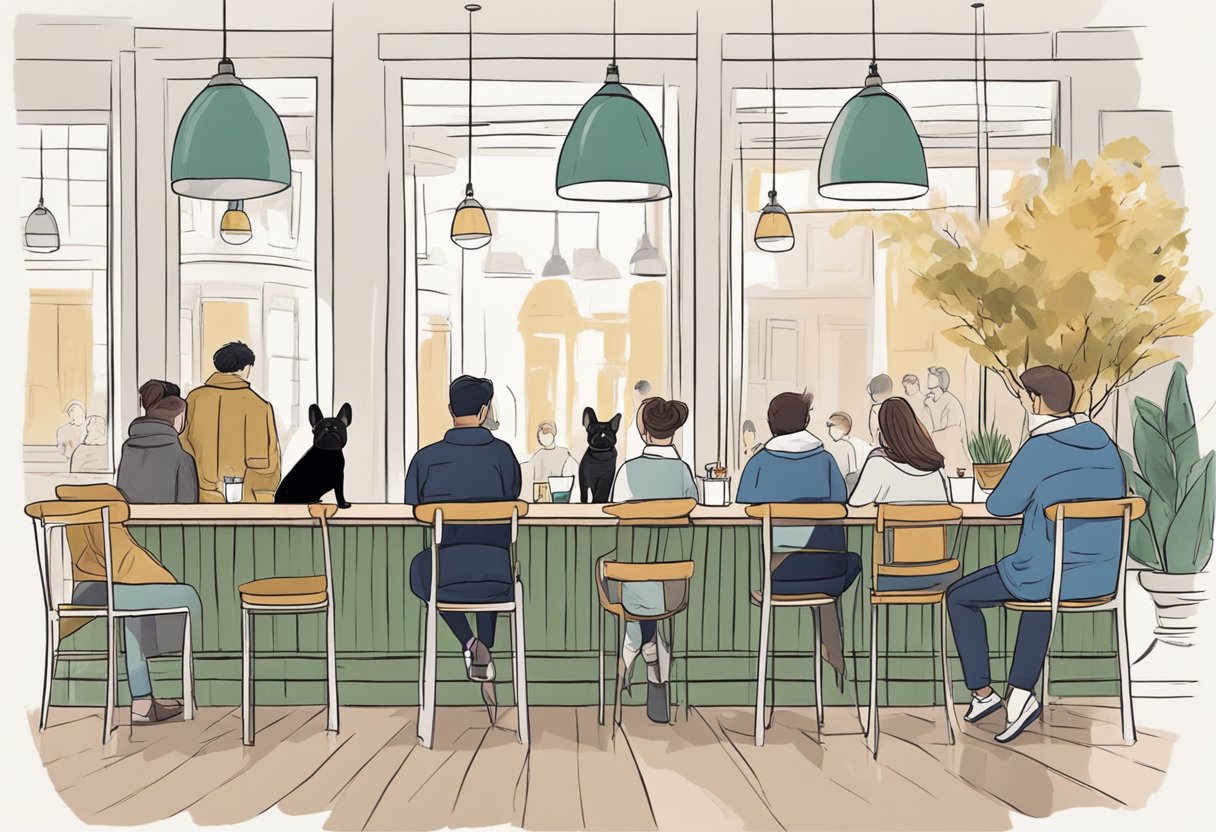 A French Bulldog sits in a trendy cafe, surrounded by people admiring its unique appearance. French bulldog lifespan