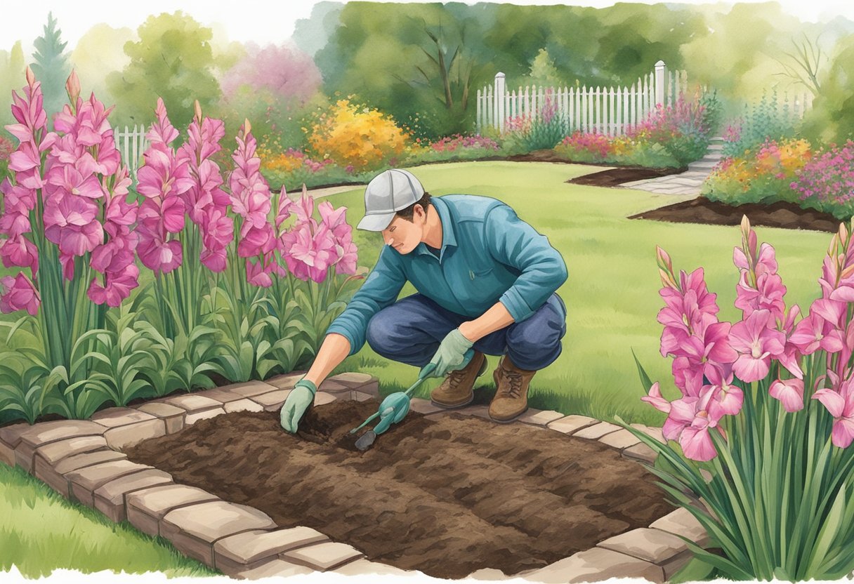 A sunny garden with rich, well-drained soil. A gardener planting gladiolus bulbs in early spring, ensuring they are spaced 6 inches apart and 4 inches deep