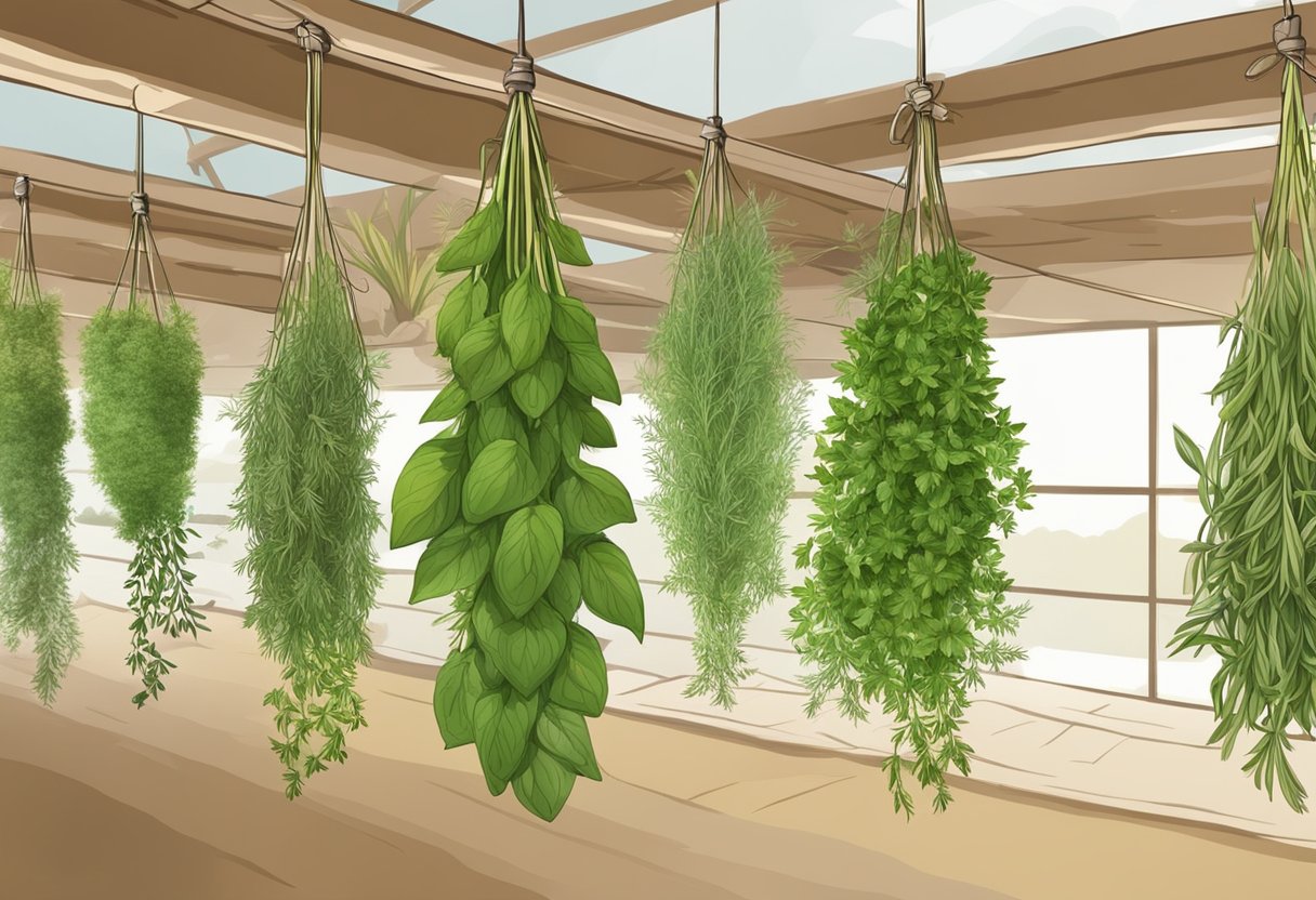 Fresh herbs are tied in bundles and hung upside down in a warm, dry area. The herbs slowly dry out, retaining their flavor and aroma