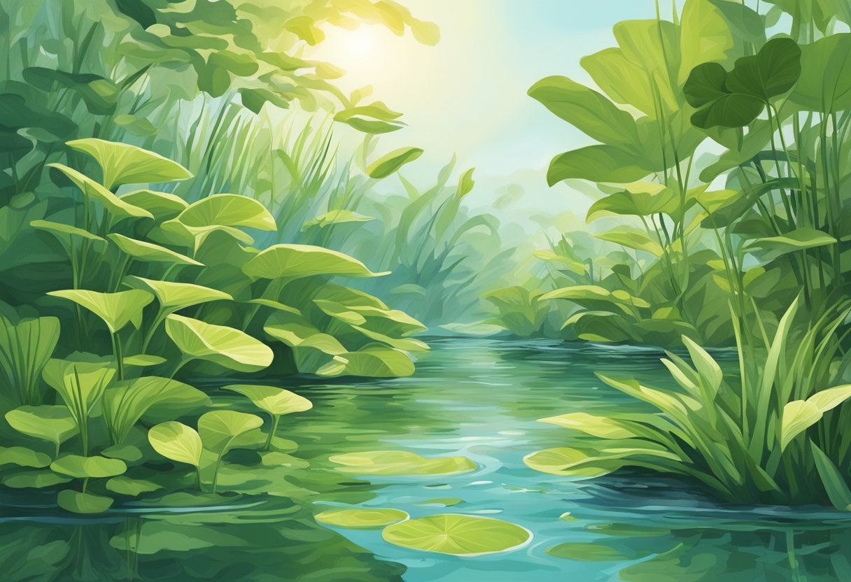 Lush green aquatic plants sway gently in the clear water, absorbing sunlight and nutrients as they thrive in their natural habitat