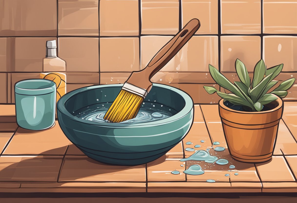 A hand brush scrubs a terracotta pot under running water