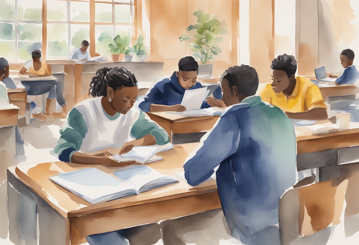 A group of students sitting at desks, studying and discussing, while a NSFAS representative assists them with financial aid applications