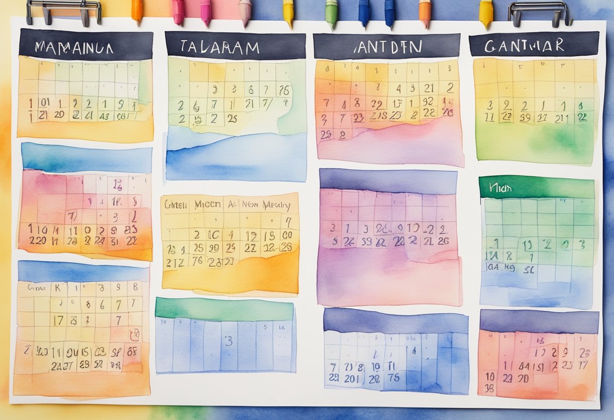 A calendar with labeled months and outlined objectives for each grade level