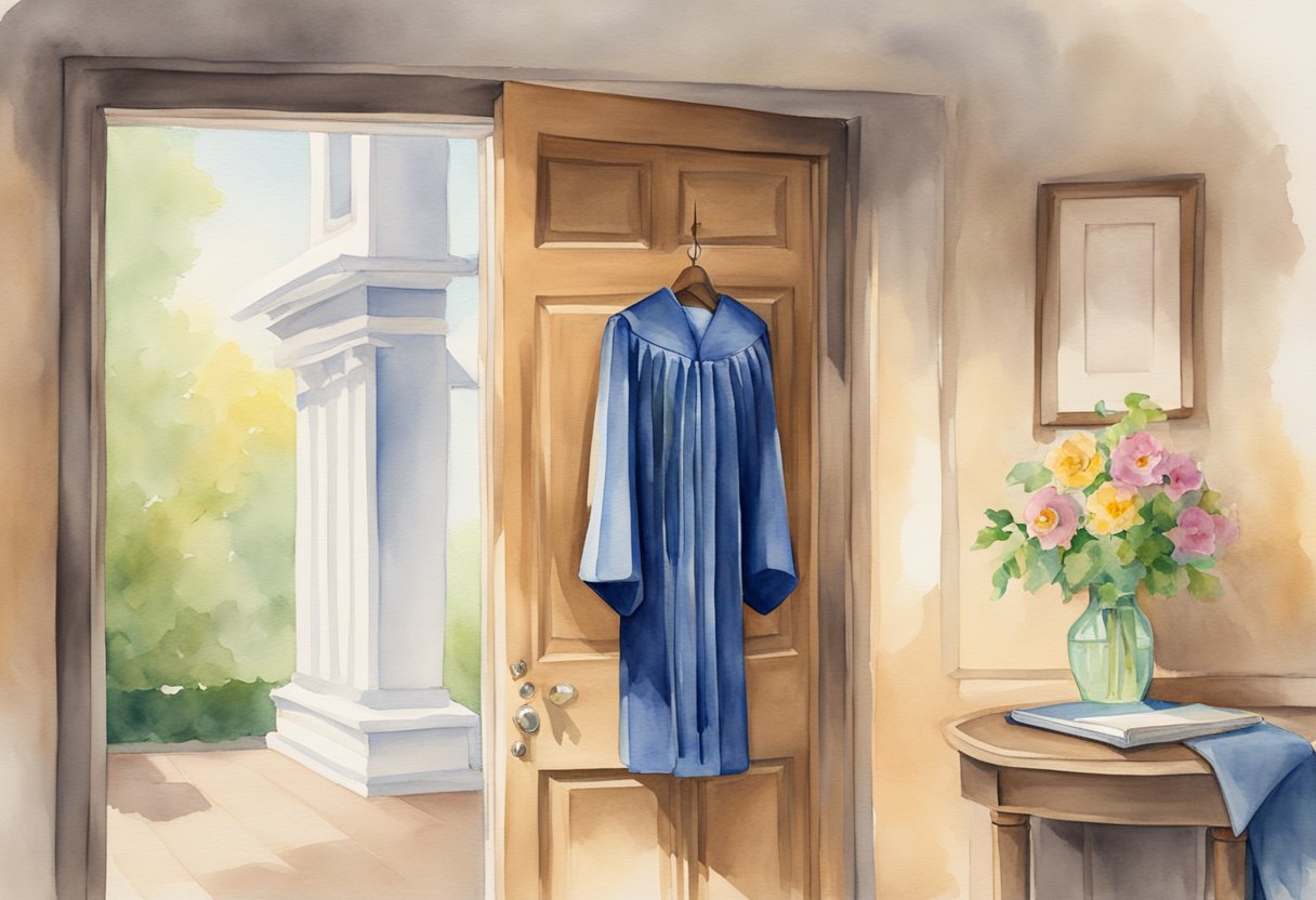 A graduation cap and gown hanging on a door, with a diploma and tassel on a nearby table