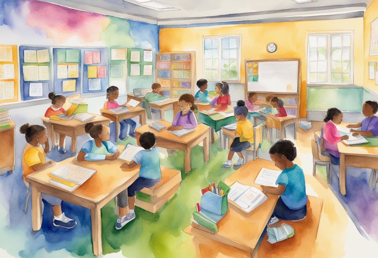 A classroom filled with diverse students, engaged in learning and interacting with a passionate teacher, surrounded by educational materials and bright colors