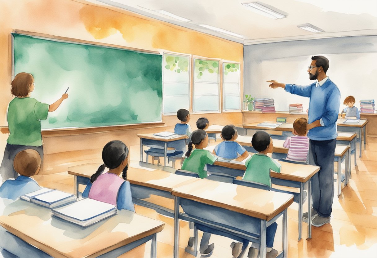 A classroom with desks arranged in rows, a whiteboard at the front, and a teacher standing at the center, pointing to a lesson plan on the board