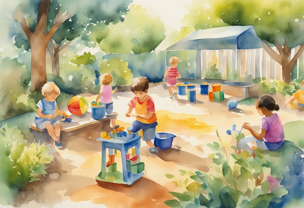 Children playing in a colorful, outdoor learning environment with various educational toys and equipment. Bright, natural surroundings with a focus on exploration and discovery