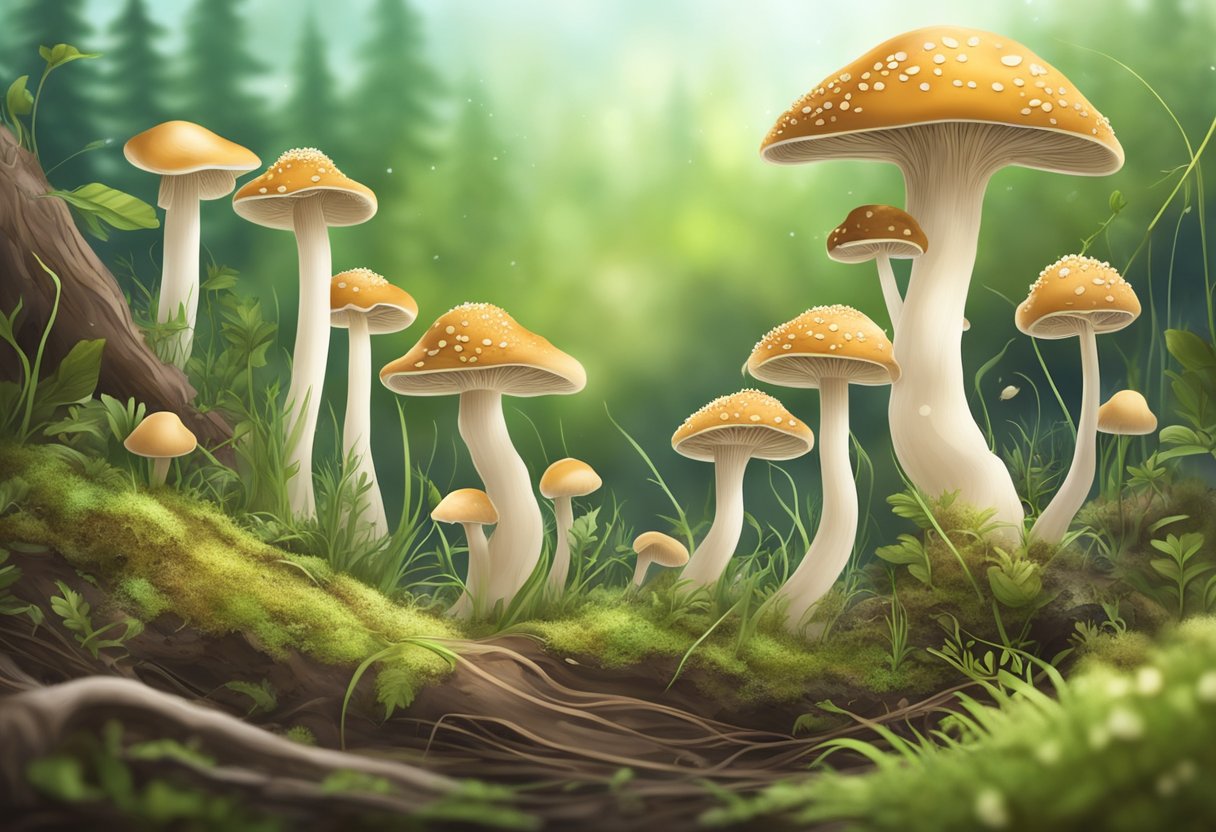 Mushroom spores land on moist soil. Hyphae grow and form mycelium. Fruiting bodies emerge, and mushrooms mature