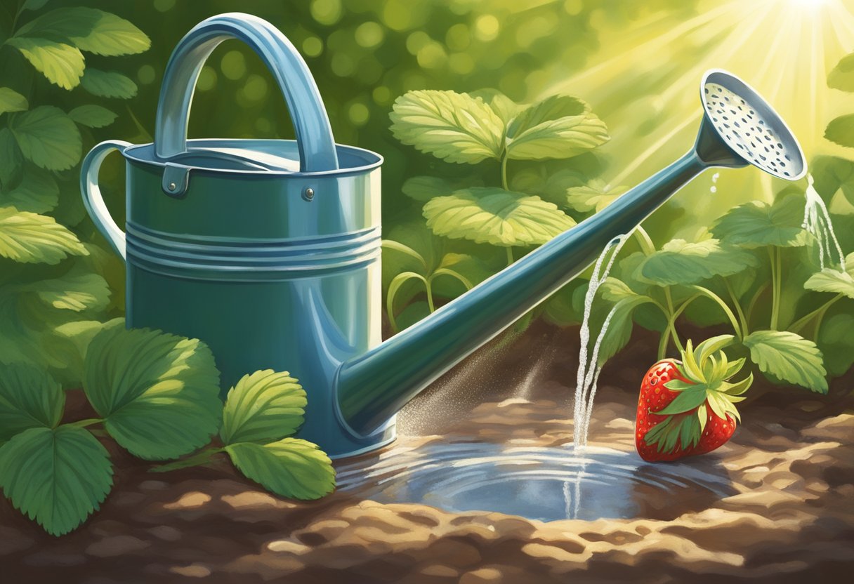A watering can hovers over strawberry plants, releasing a steady stream of water onto the soil. The sun shines down, casting dappled shadows on the lush green leaves