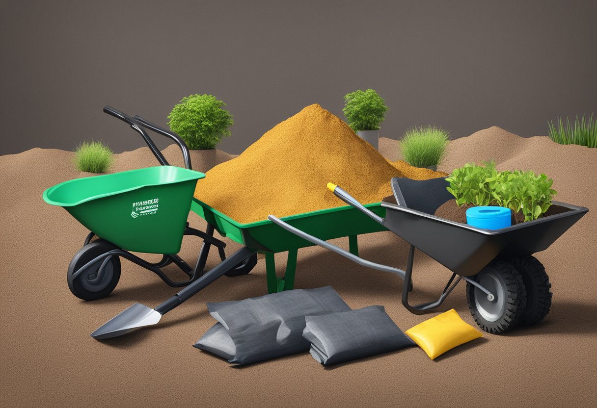 A pile of garden soil bags stacked next to a wheelbarrow and shovel. A measuring tape lays across the bags