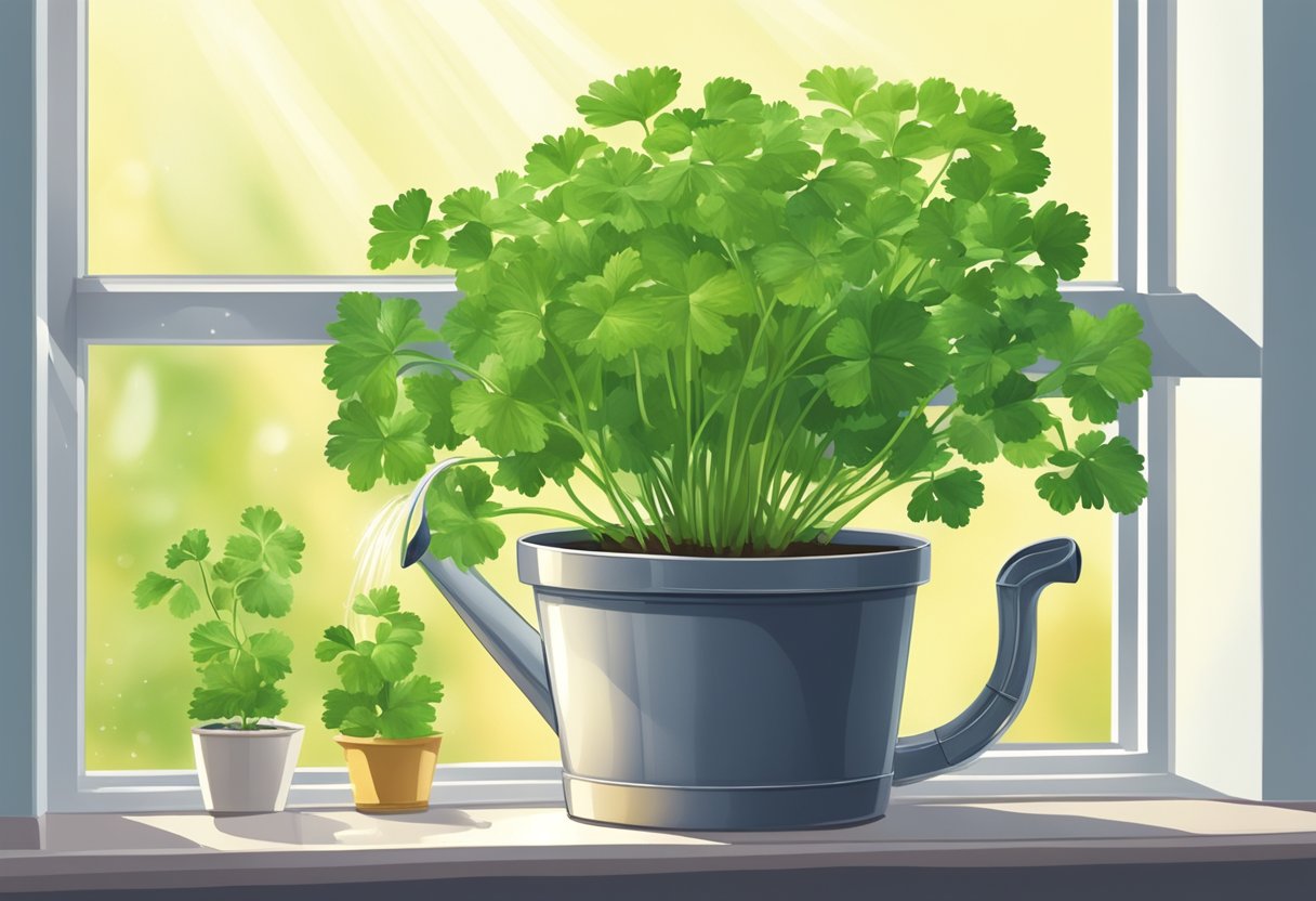 A potted cilantro plant sits on a windowsill, surrounded by sunlight. A watering can is nearby, with droplets of water on the spout