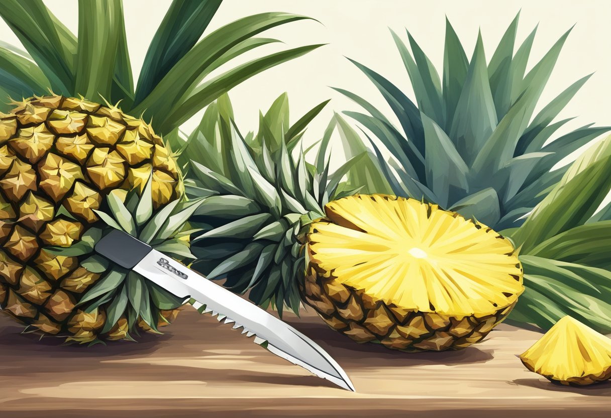 Ripe pineapples being cut from plants with a sharp knife