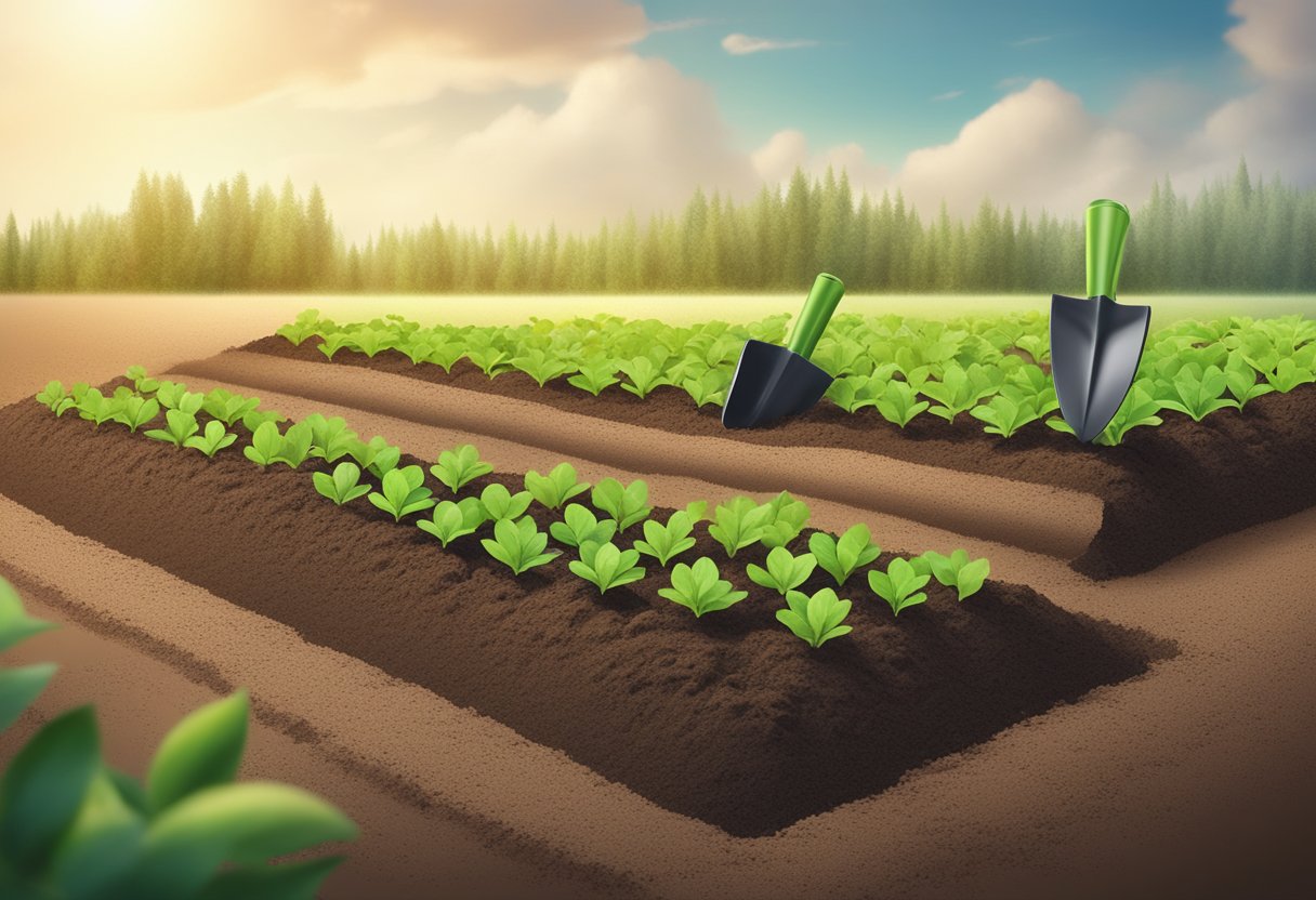 Rich soil turned with a shovel, planted rows marked by string, and seedlings carefully placed in the earth