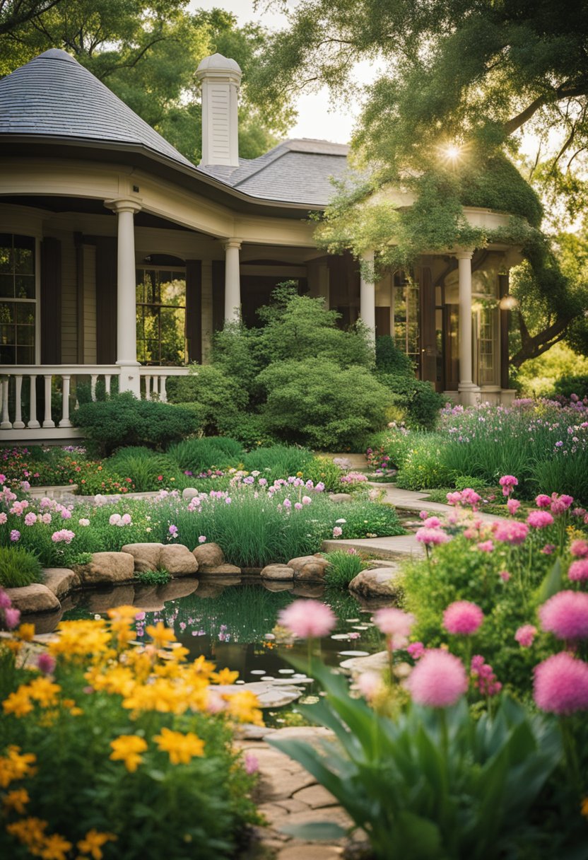 Lush botanical gardens surround Earle-Harrison House in Waco. Colorful flowers, winding paths, and serene ponds create a peaceful, natural setting