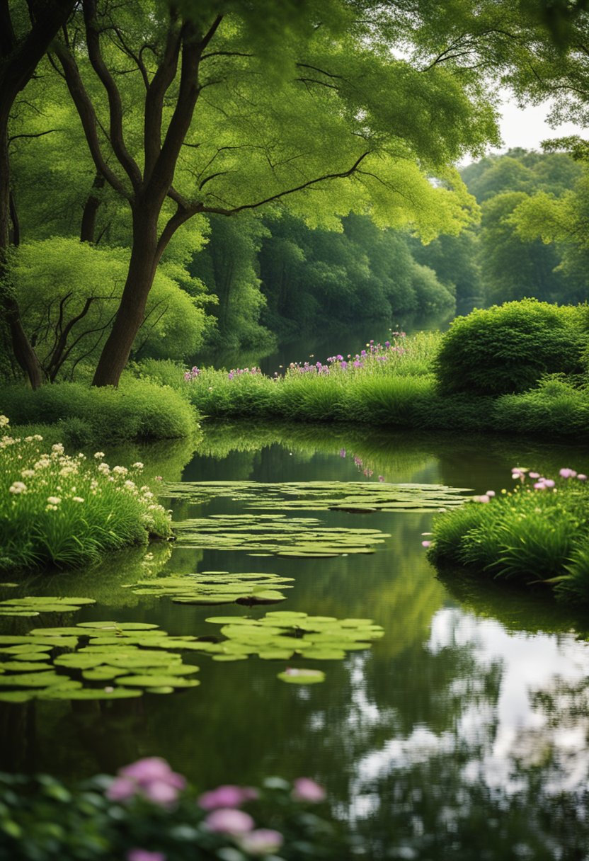 Lush greenery surrounds winding paths. Colorful flowers bloom in every direction. Tall trees create a canopy overhead. A tranquil pond reflects the natural beauty