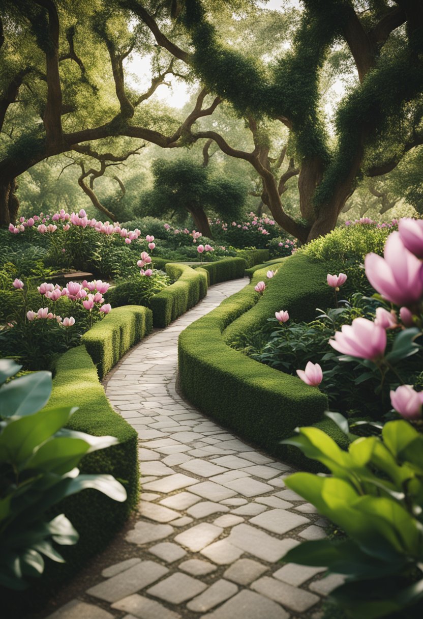 Lush greenery surrounds a winding path through Magnolia's Garden, with vibrant flowers and towering trees creating a peaceful, natural oasis