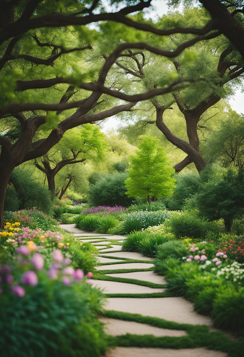 Lush greenery surrounds winding paths, leading to colorful blooms and tranquil ponds at Carleen Bright Arboretum in Waco