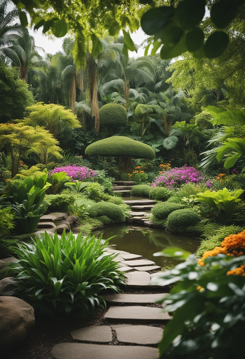 Lush greenery surrounds winding paths in the botanical gardens, with colorful flowers and exotic plants on display. A tranquil pond reflects the vibrant scenery, while visitors explore the various themed sections