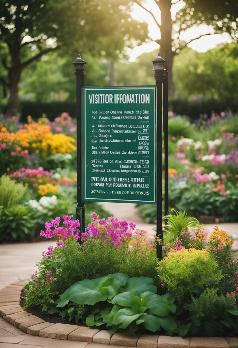 Lush greenery surrounds a sign for Visitor Information at the botanical gardens in Waco. A colorful array of flowers and plants creates a vibrant and inviting atmosphere