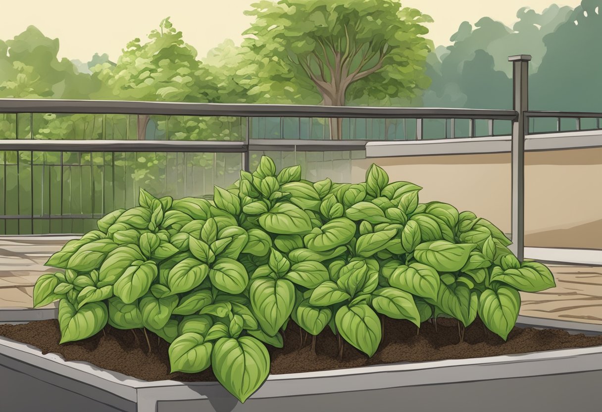 A basil plant sits in a sunny outdoor spot, surrounded by well-drained soil and mulch. It is watered regularly at the base and pruned to encourage bushy growth