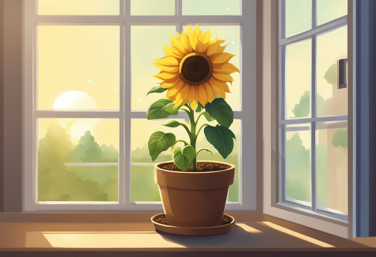 A sunflower stands tall in a pot, soil moist from recent watering. Sunlight filters through a nearby window, casting a warm glow on the plant