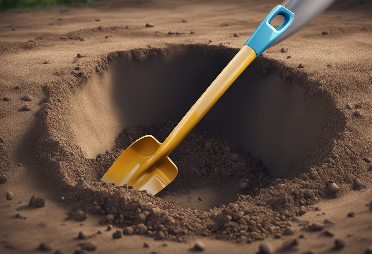 A shovel breaking ground, dirt flying, a hole gradually taking shape
