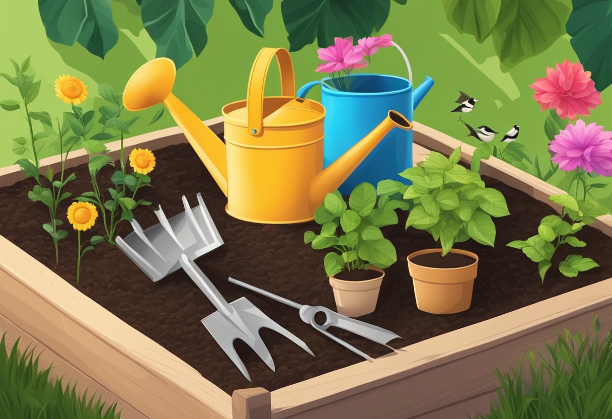 A garden bed with soil, plants, and tools. A watering can, gloves, and a hat nearby. Sunlight and birds in the background