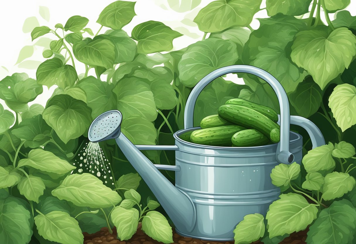 Cucumbers being watered in a garden, with a watering can or hose, surrounded by green leaves and vines