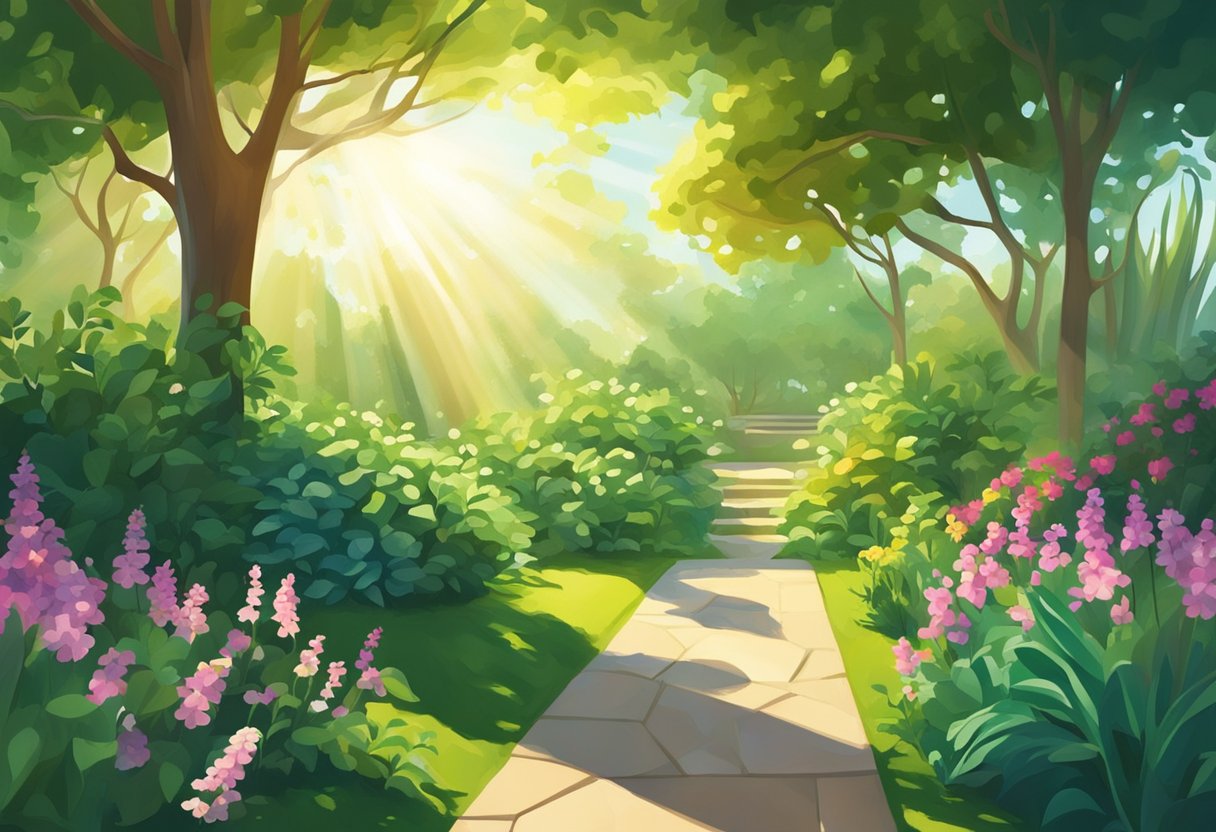 A garden bathed in sunlight, with vibrant green plants reaching towards the sky. Rays of sunshine illuminate the leaves and flowers, casting shadows on the ground