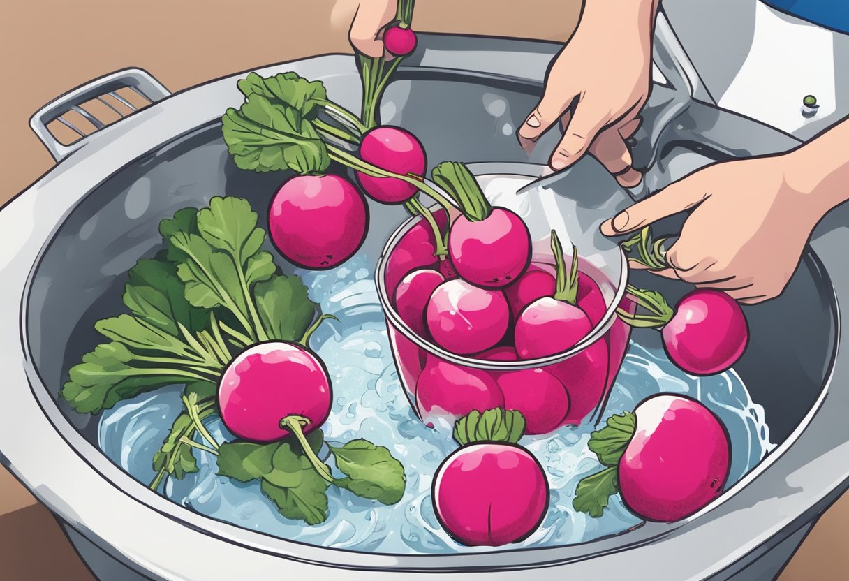 Radishes being placed in a strainer under running water to rinse and then being sliced thinly with a sharp knife