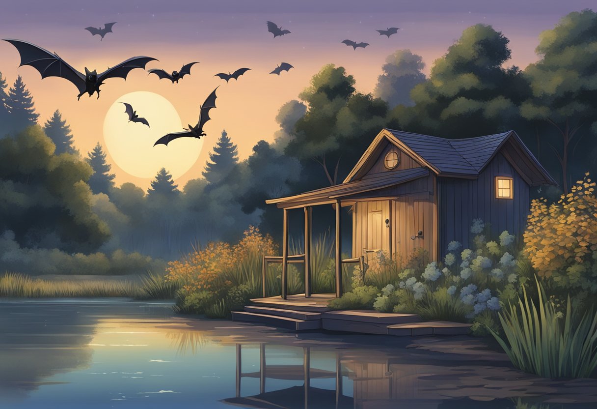 Bats fly toward a bat house with open entrance, surrounded by native plants and trees, near a water source at dusk