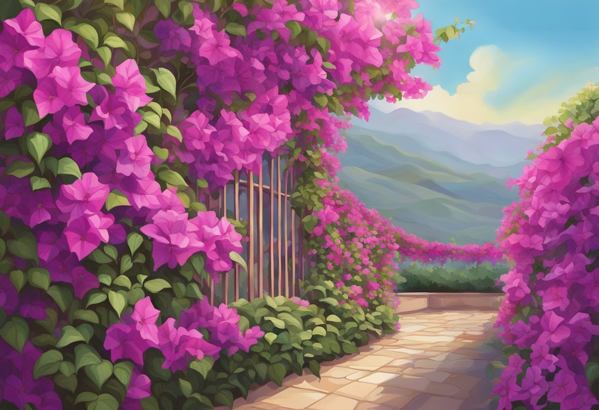 Bougainvillea vines rapidly grow, twisting and climbing up a trellis, with vibrant pink and purple flowers blooming along the way