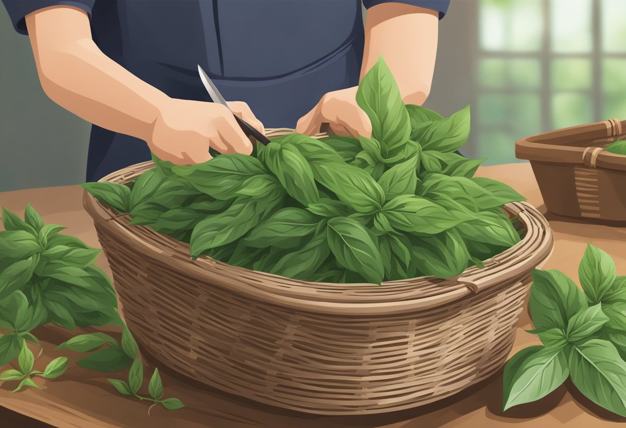 Thai basil being cut at the stem with a sharp knife. The leaves and stems are gathered into a bundle and placed into a basket