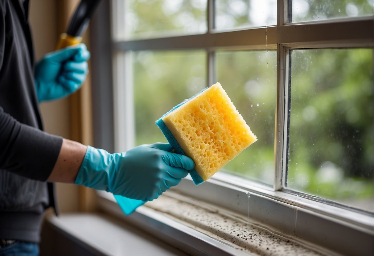 A hand holding a sponge and cleaning solution, wiping down a replacement window. A small brush and vacuum nearby for detailed maintenance