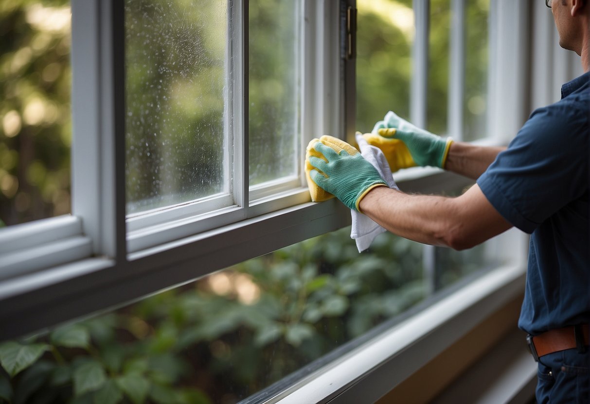 A person cleans a replacement window with a cloth and cleaner, ensuring a clear, streak-free surface