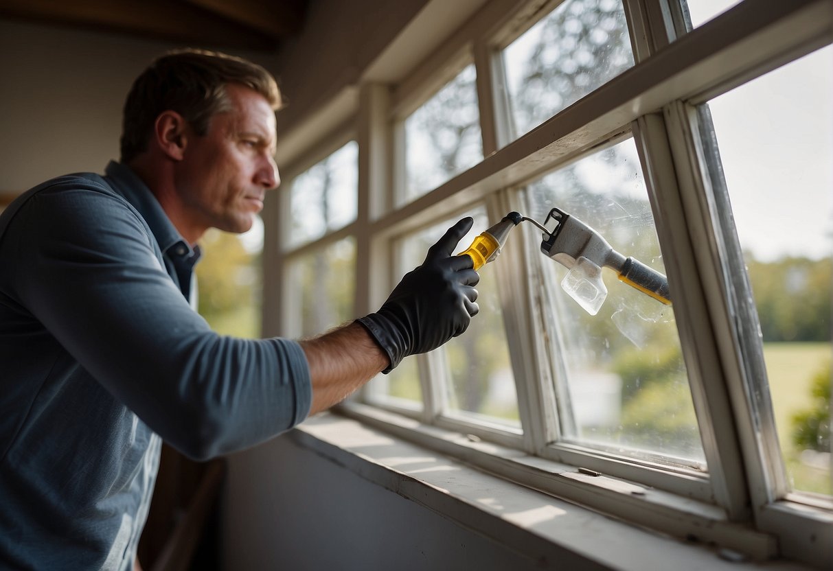 A person inspects and repairs replacement windows, using a screwdriver and silicone caulk