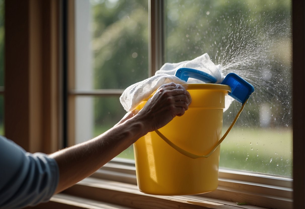 A person using a cloth to wipe down a replacement window, with a bucket of soapy water and a squeegee nearby