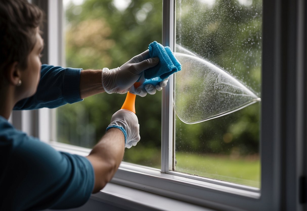 A hand reaching for a cloth to clean a replacement window, with a bottle of window cleaner and a squeegee nearby