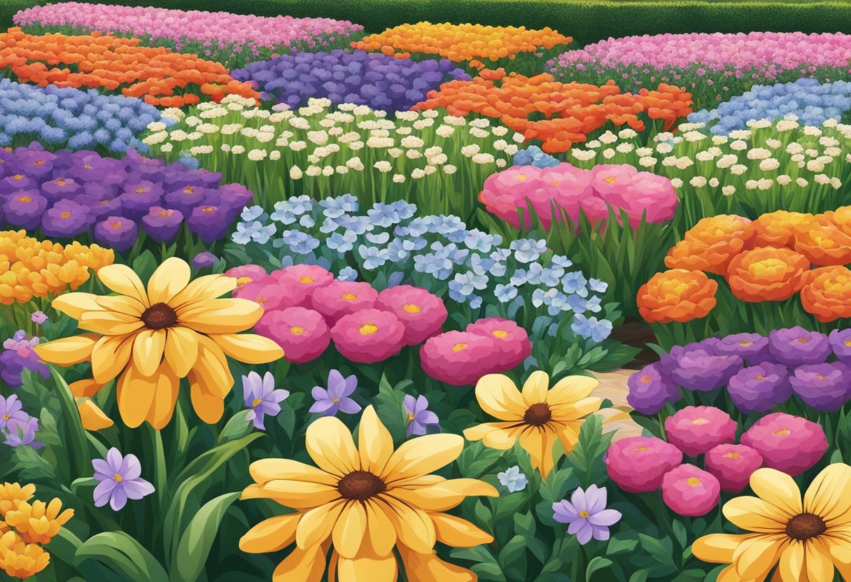 Flower bed: colorful flowers arranged in a symmetrical pattern, with taller plants at the back and shorter ones at the front, creating a visually appealing and balanced composition