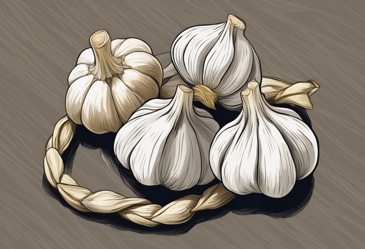Garlic cloves intertwine in a three-strand braid, with stems twisted together at the top