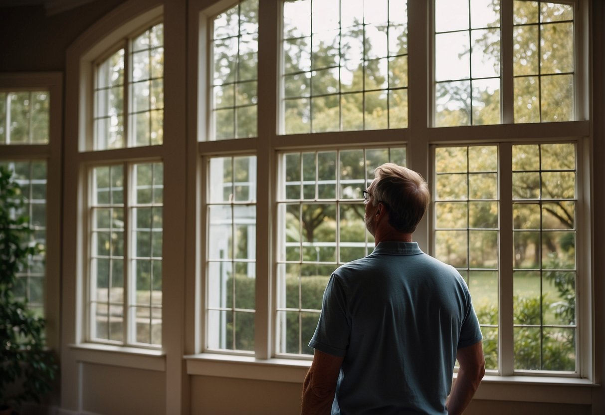 A homeowner carefully selects new windows, comparing styles and features, while considering the potential increase in property value