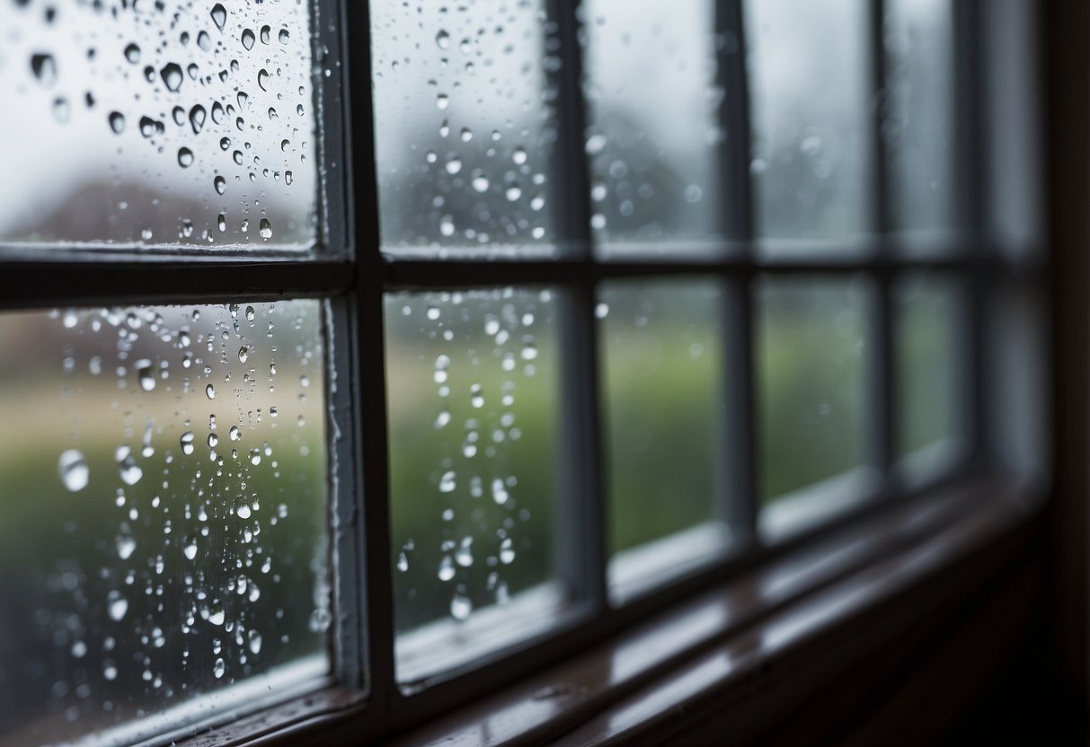 Water drips from a poorly sealed window frame. Condensation forms on the glass, indicating a lack of proper insulation