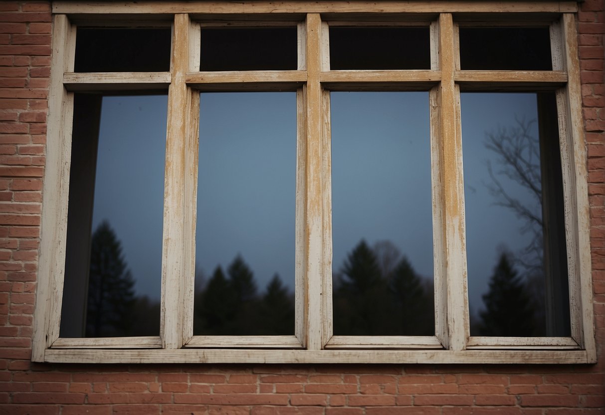 The window frame is visibly misaligned with gaps and cracks. Paint is chipped, and there are visible dents and scratches on the surface