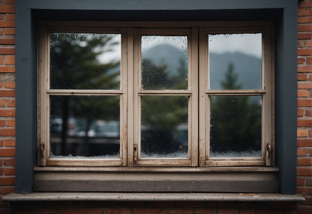 A window with visible gaps, uneven framing, and water damage