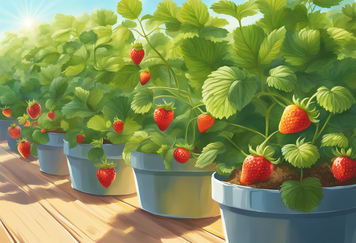 Strawberry plants bask in bright sunlight, soaking up the warmth and energy they need to thrive and produce juicy, sweet fruits