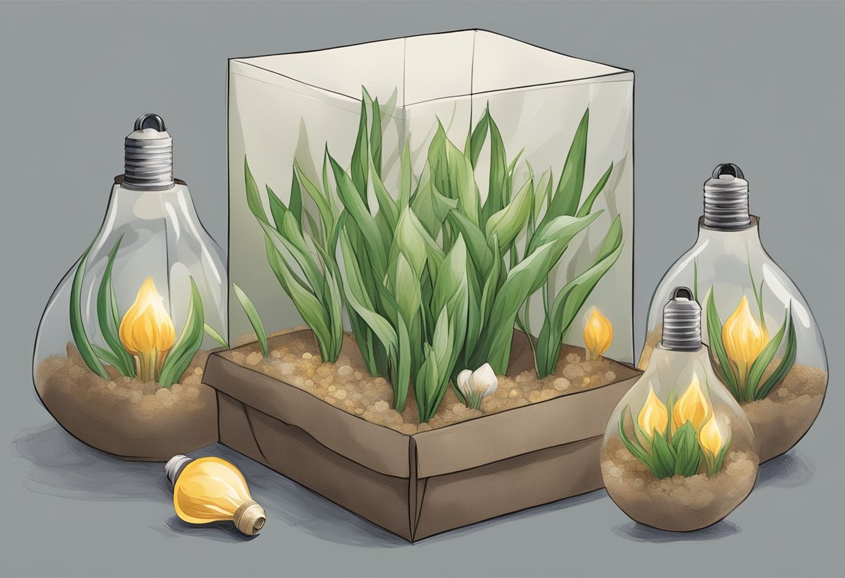 Bulbs in a dry, cool place. Stored in a breathable container, like a paper bag or mesh bag, to prevent mold and rot. Keep away from direct sunlight