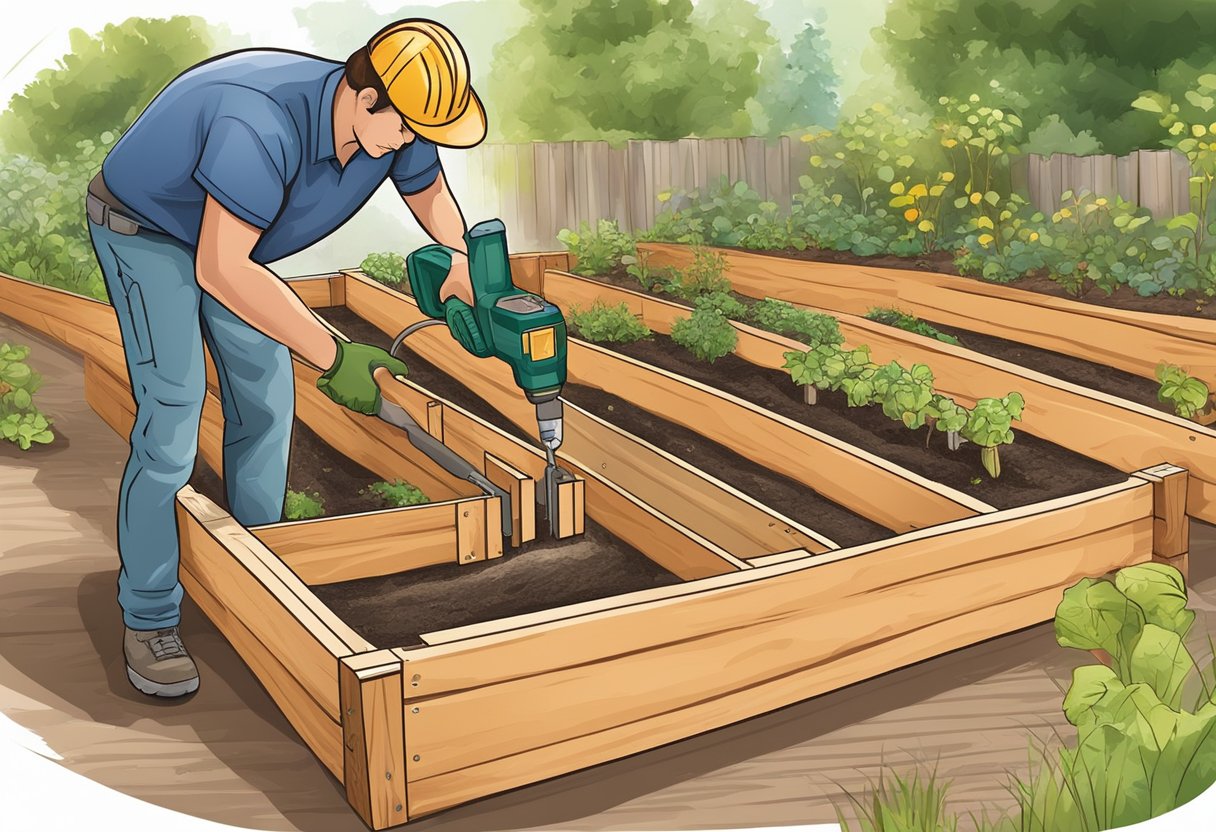 A person uses a level to ensure the wooden planks are straight in the raised garden bed. They then use a drill to secure the planks together at the corners