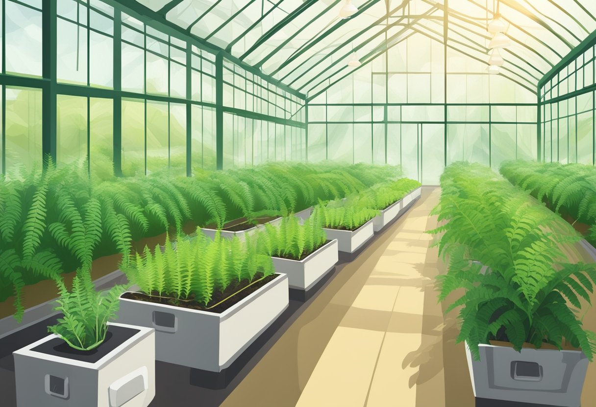 A greenhouse with rows of healthy, green ferns surrounded by humidifiers and warm, indirect sunlight