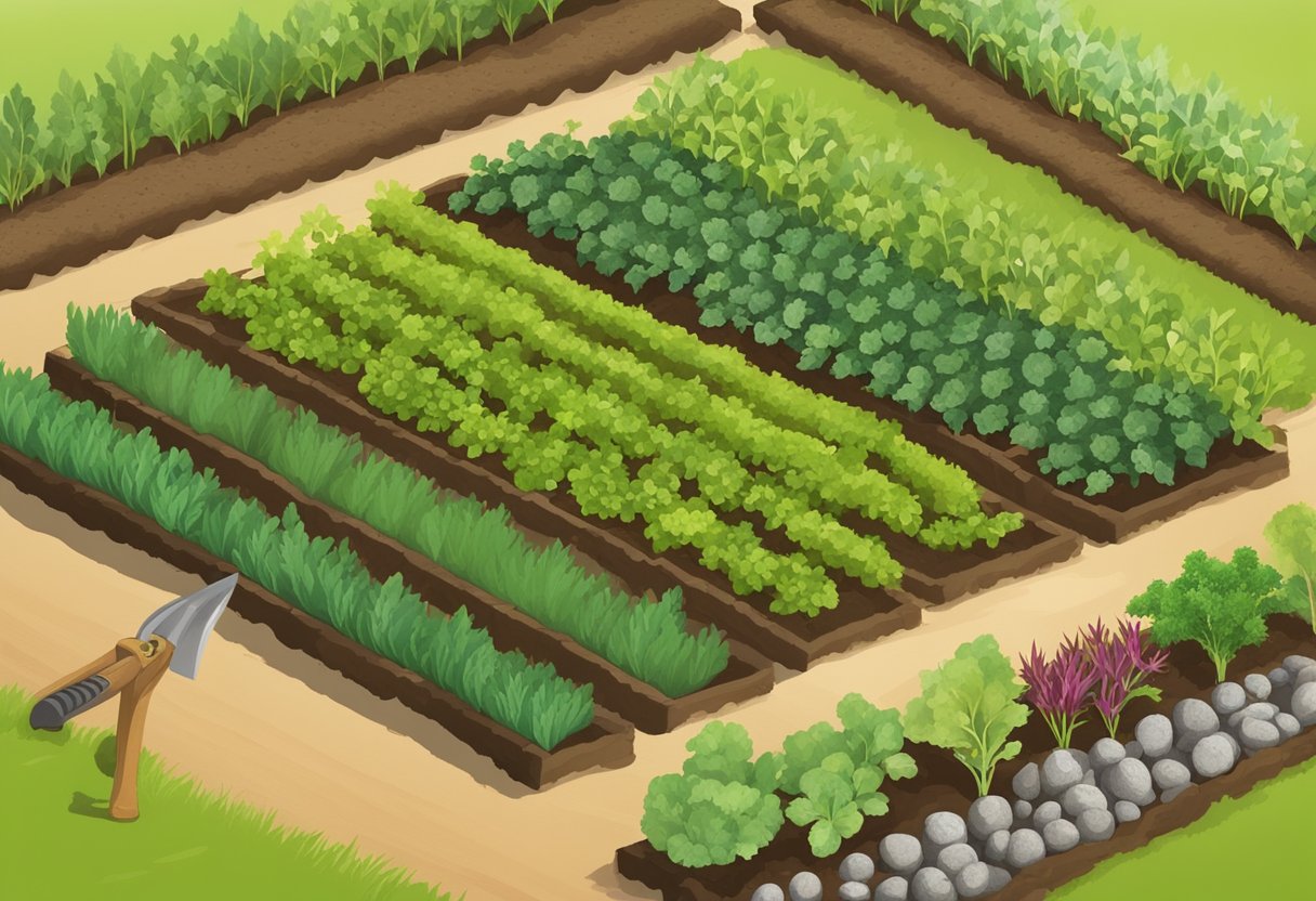 A blank plot of land with rows marked out, labeled signs for different vegetables, and a variety of gardening tools scattered around