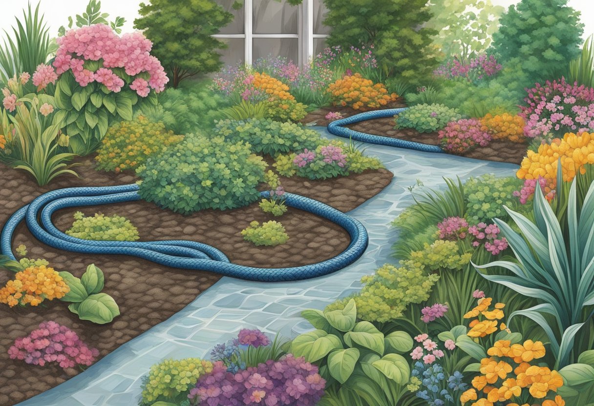 A soaker hose snakes through a garden bed, water trickling from its porous surface, nourishing the plants as it winds its way along the soil